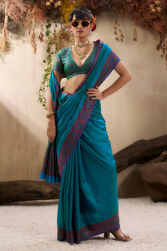 Jivana Turquoise Blue Pure Kanjivaram Weaving Silk Ready to Wear Saree