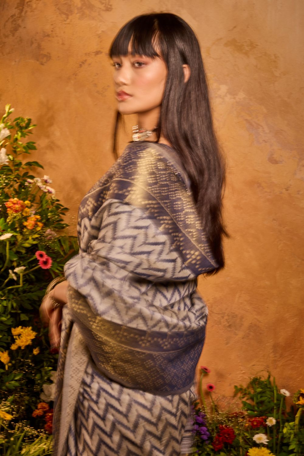 Helen Slate Blue Viscose Cotton Handloom Woven Patola Ready to Wear Saree