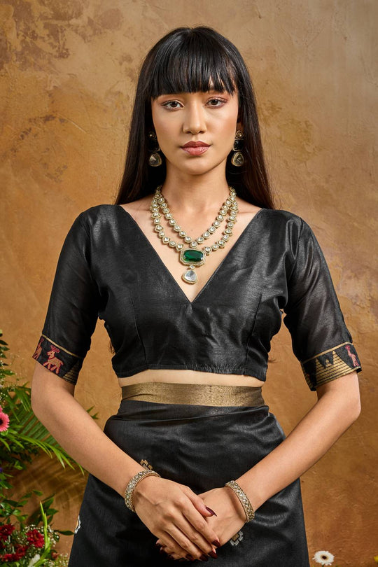 Nikka Black Tussar Silk Handloom Woven Tribal Border Ready to Wear Saree