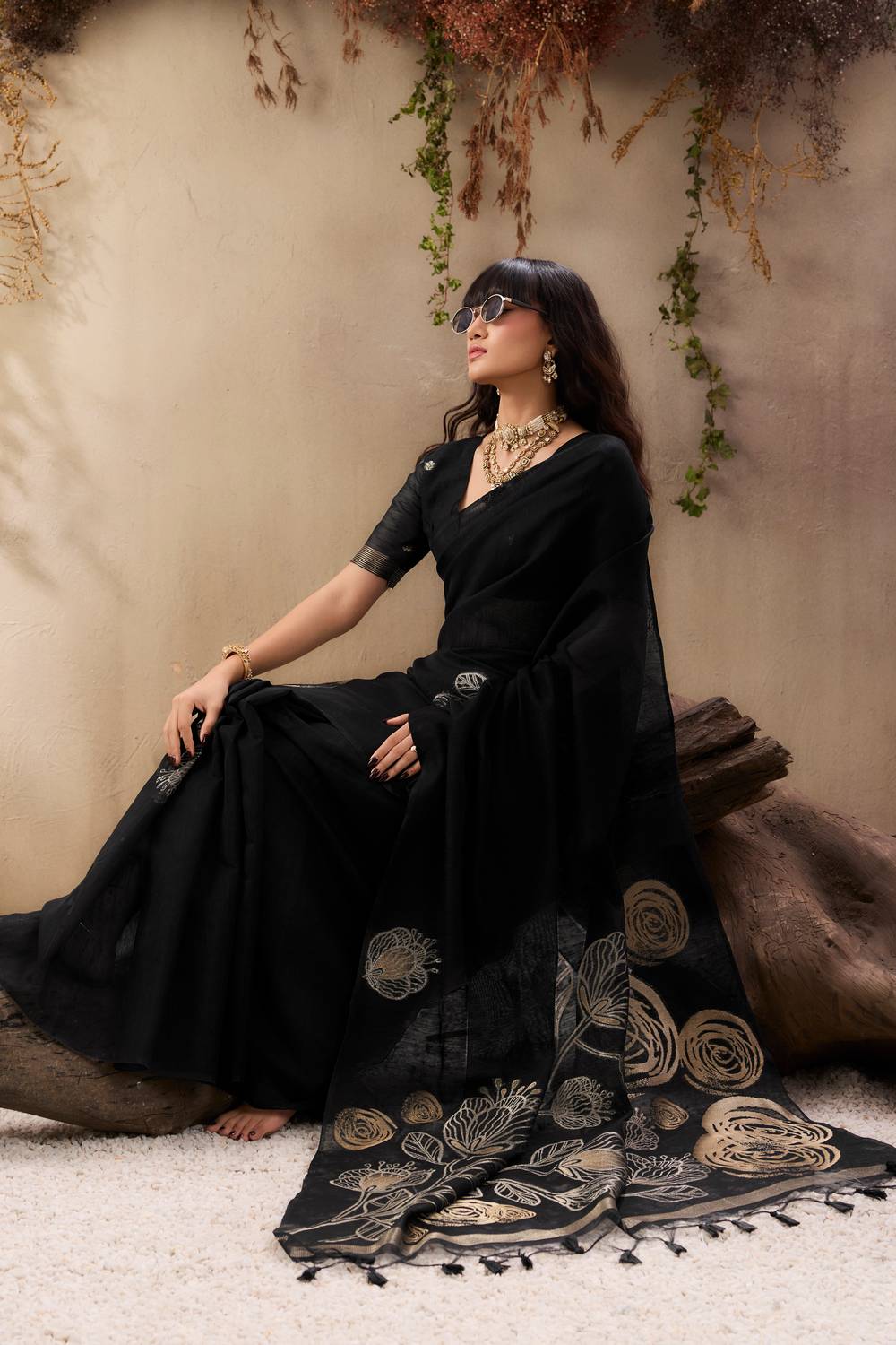 Samara Metal Black Woven Soft Silk with Floral Motif Work Ready to Wear Saree