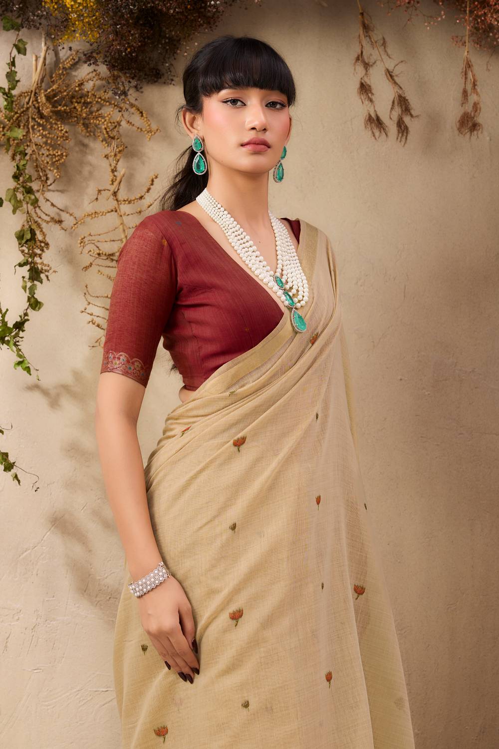 Sanja Beige Cotton Woven Ready to Wear Saree