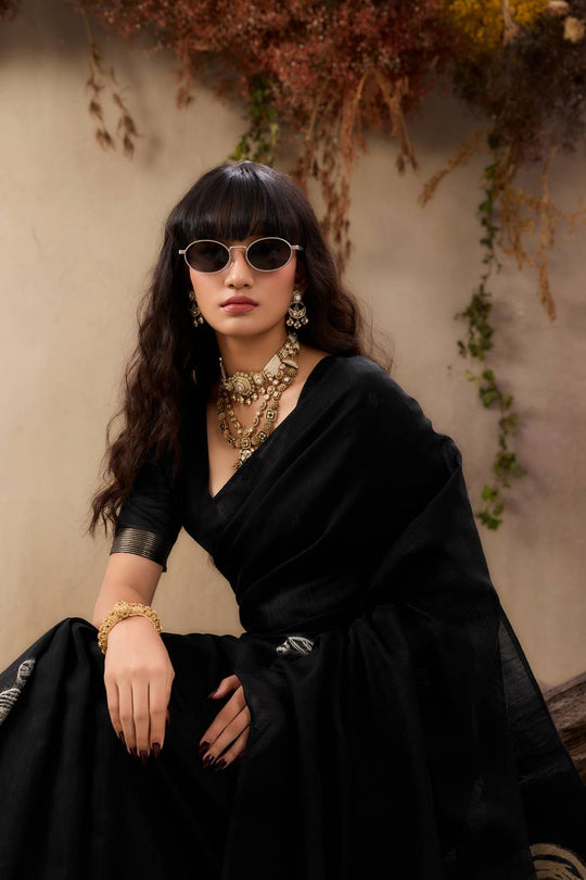 Samara Metal Black Woven Soft Silk with Floral Motif Work Ready to Wear Saree