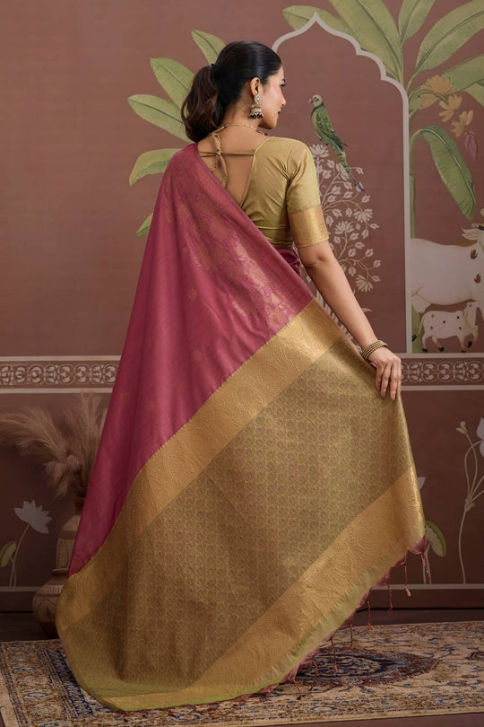 Reishi Mauve Pink Silk Handloom Woven With Zari Border Ready to Wear Saree