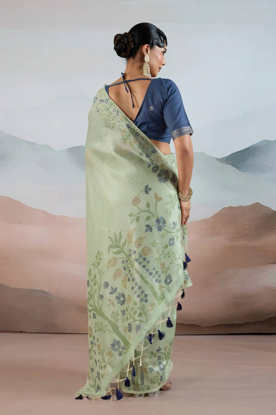 Gaila Summer Green Handloom Zari Tissue Brasso Weaving Ready to Wear Saree