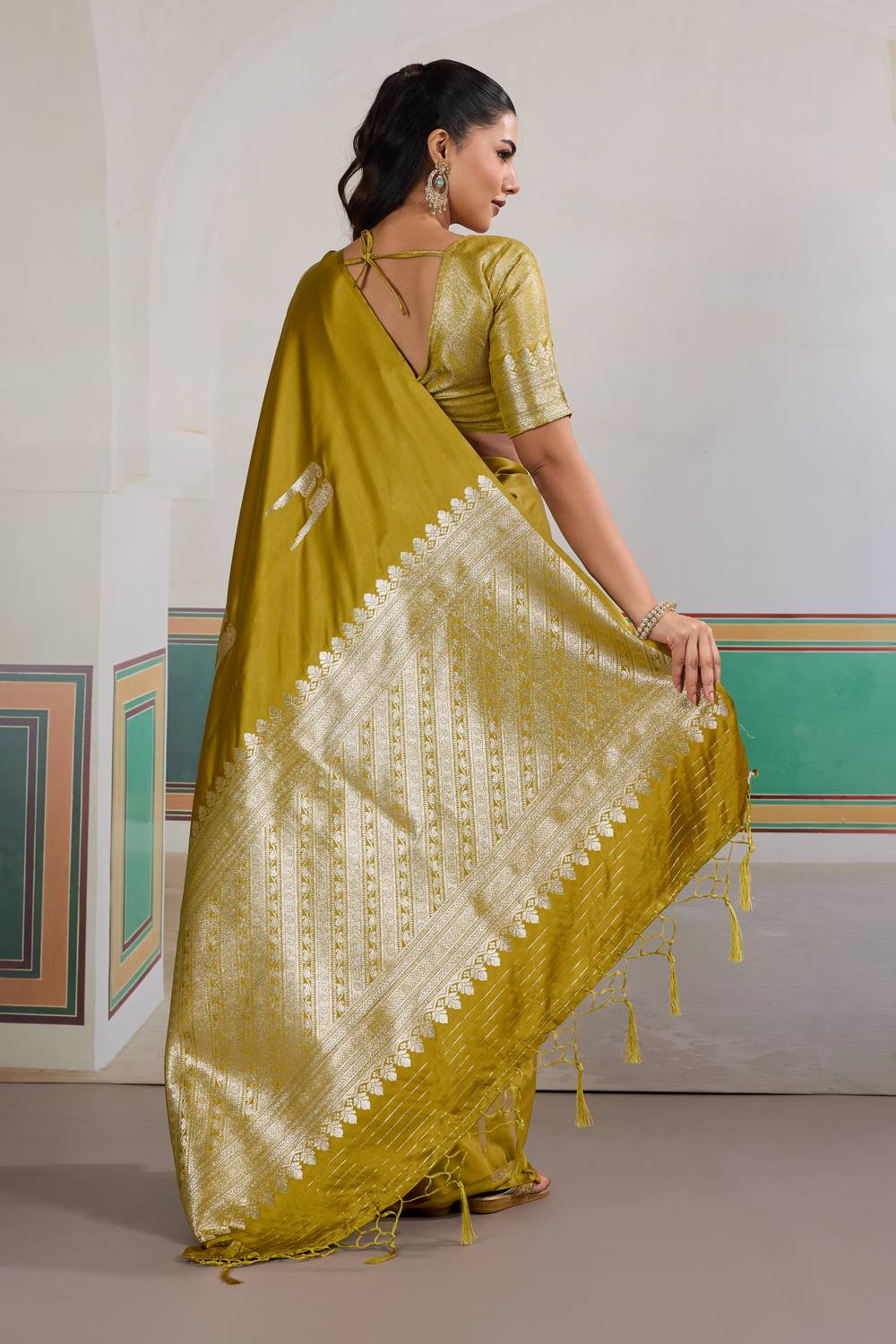 Casey Mustard Yellow Pure Satin Handloom Weaving Ready to Wear Saree