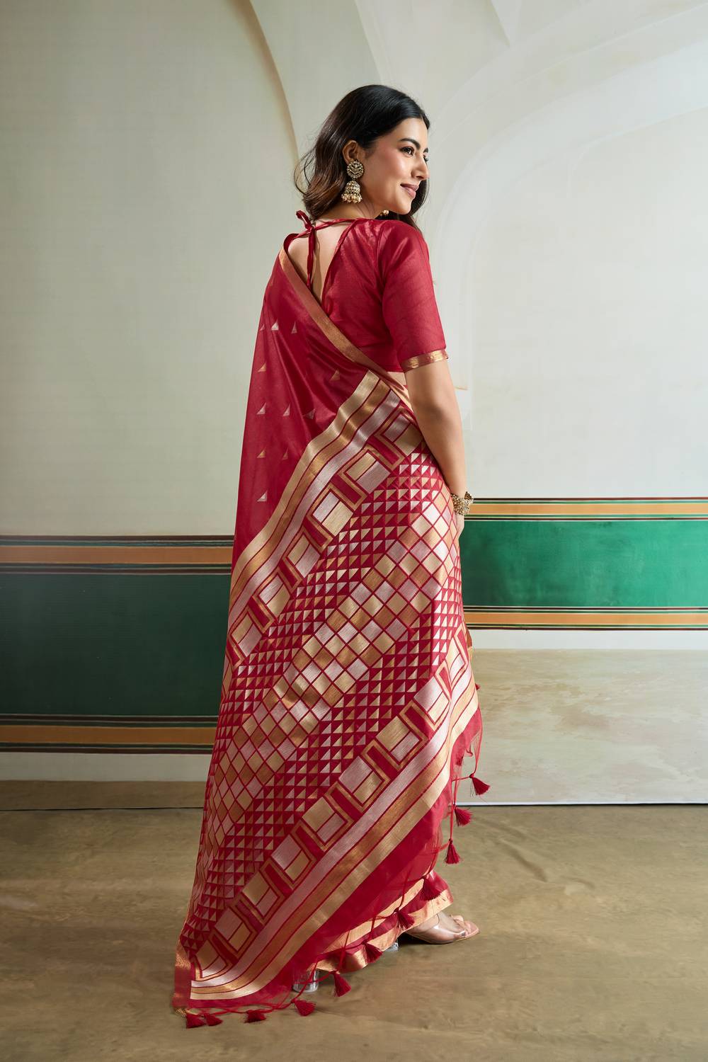 Usha Red Tussar Silk Ikkat Handloom Weaving Ready to Wear Saree