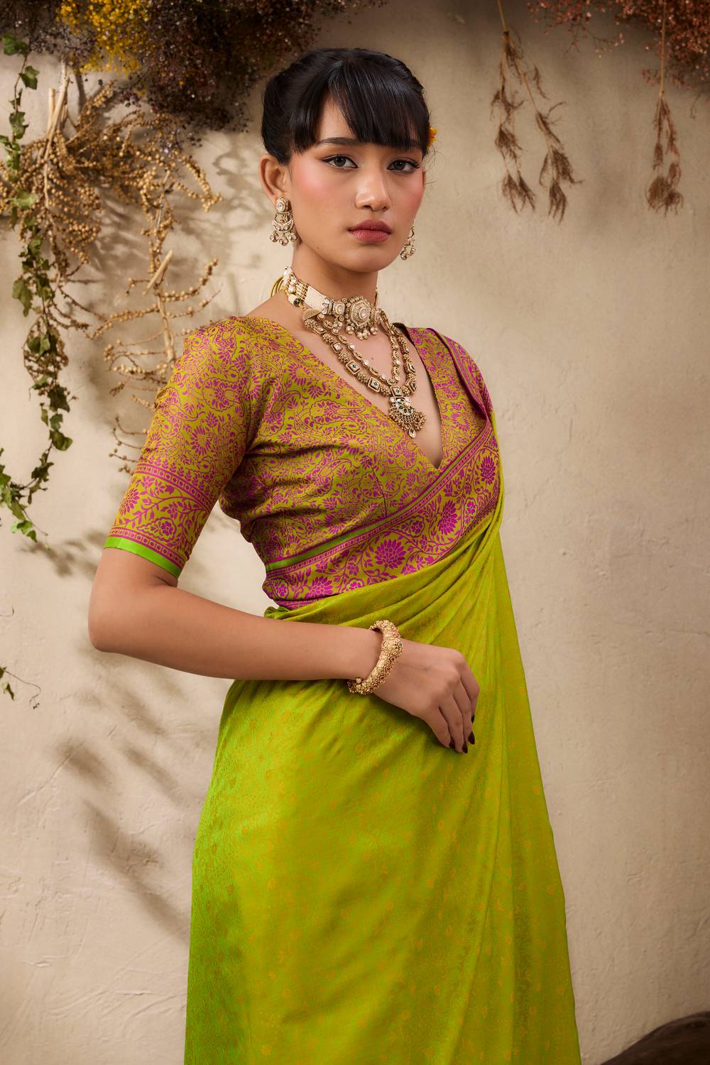 Jivana Lime Green Pure Kanjivaram Weaving Silk Ready to Wear Saree