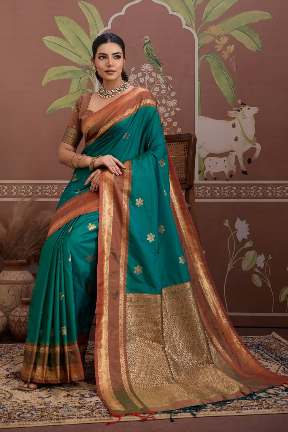 Nima Bottle Green Tussar Silk Handloom Woven Ready to Wear Saree