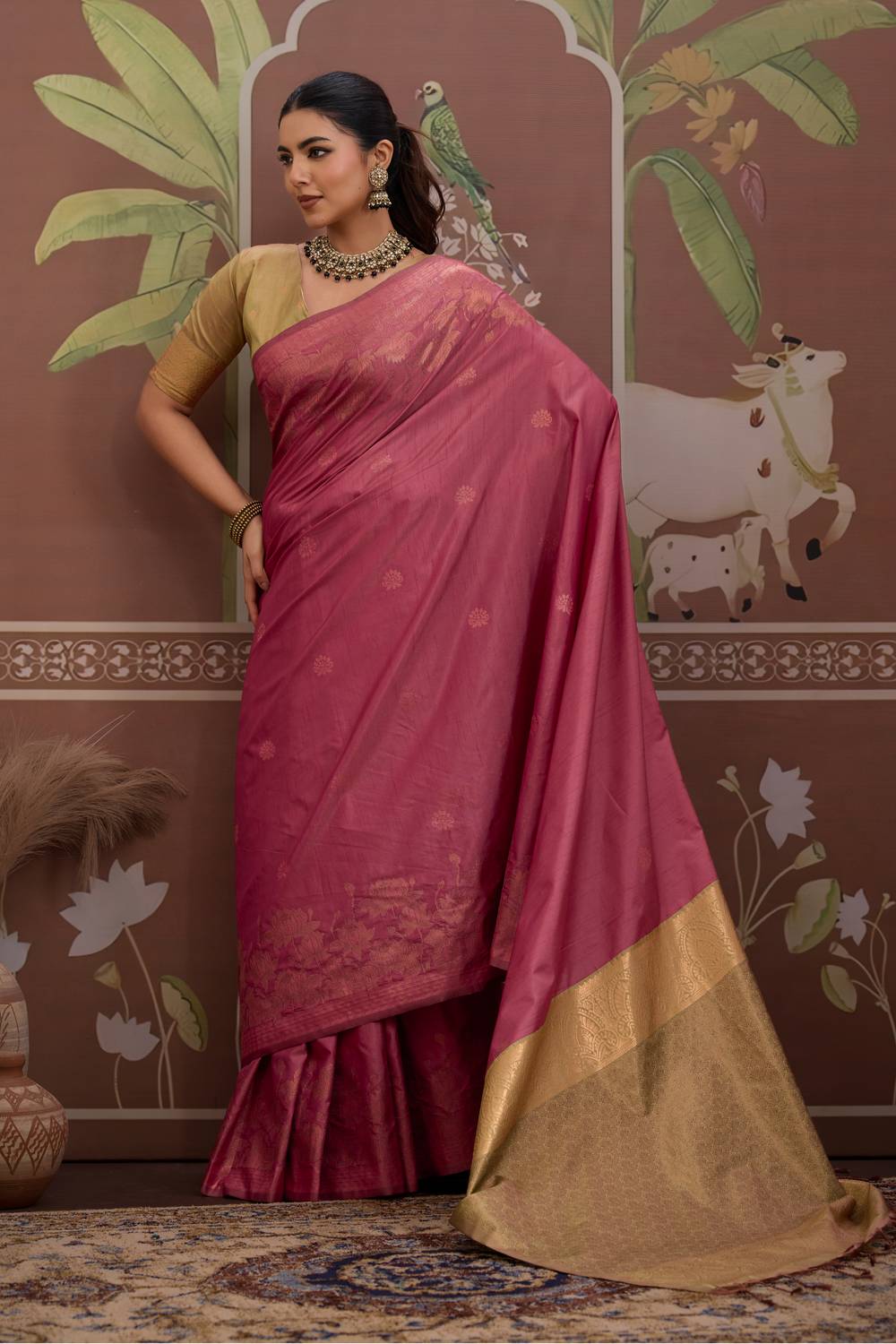 Reishi Mauve Pink Silk Handloom Woven With Zari Border Ready to Wear Saree