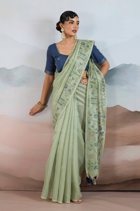 Gaila Summer Green Handloom Zari Tissue Brasso Weaving Ready to Wear Saree