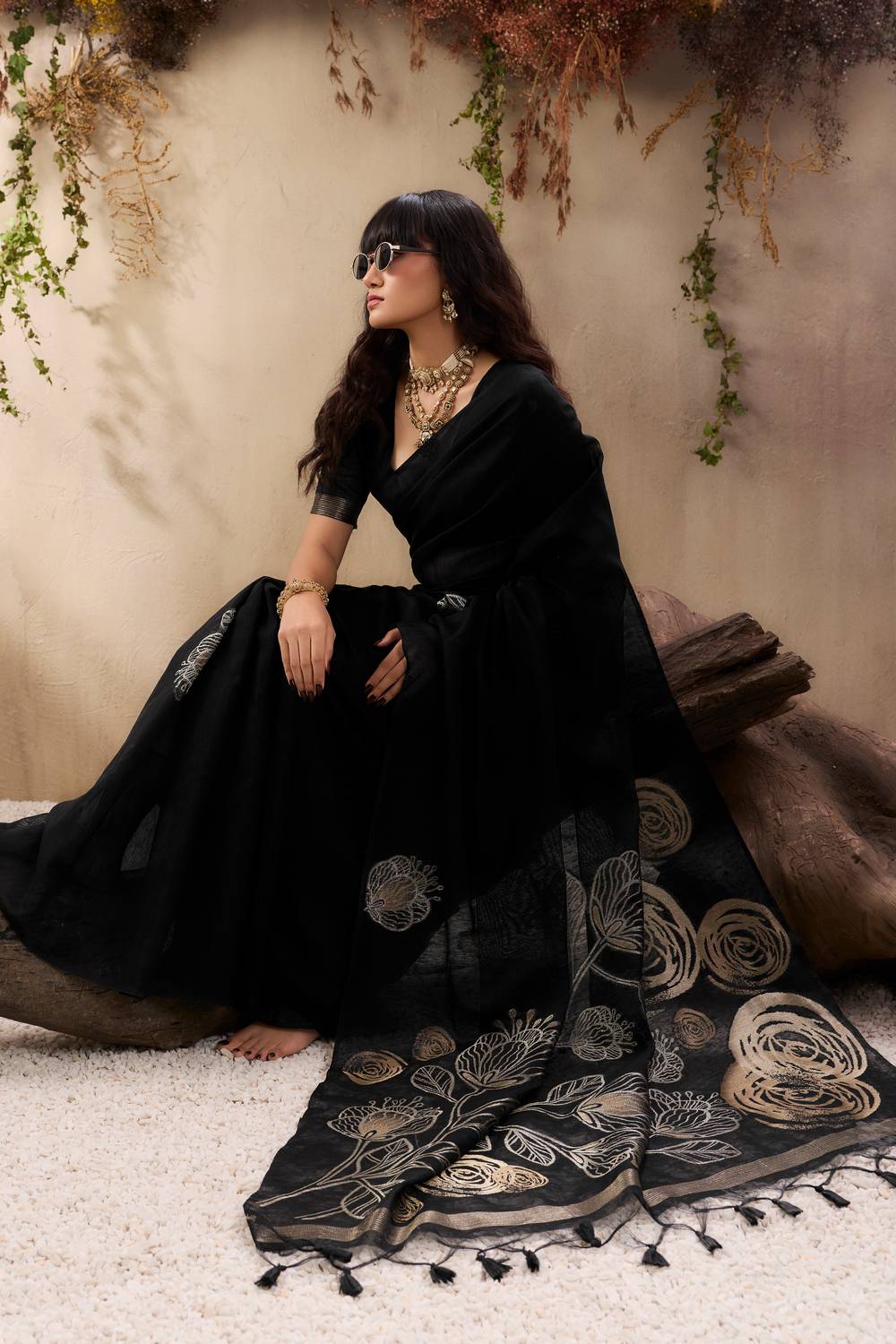 Samara Metal Black Woven Soft Silk with Floral Motif Work Ready to Wear Saree