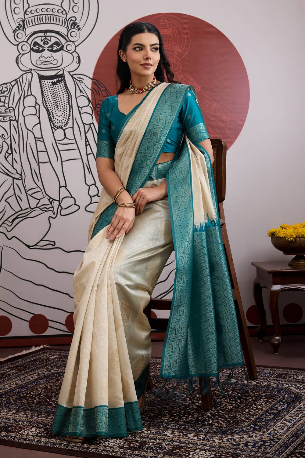 Mona Cream & Teal Blue Paper Silk Ready to Wear Saree