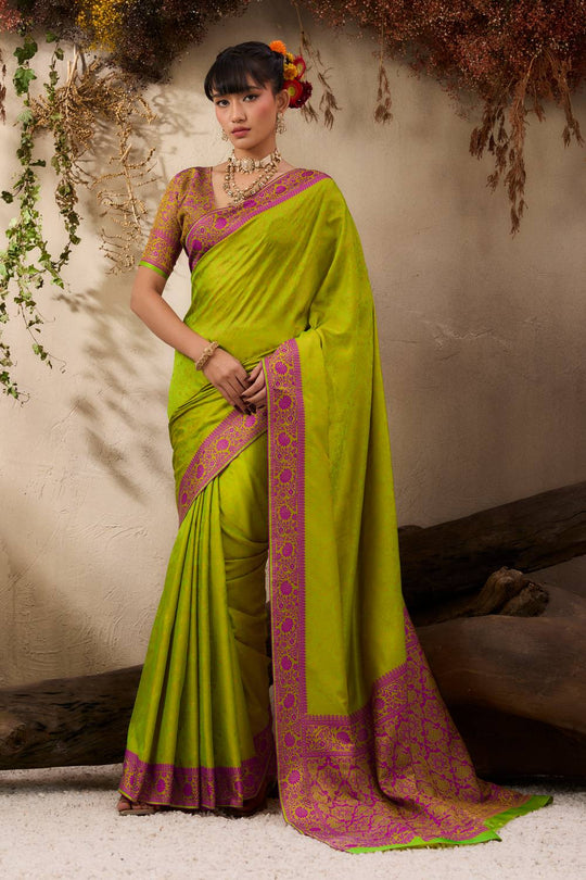 Jivana Lime Green Pure Kanjivaram Weaving Silk Ready to Wear Saree