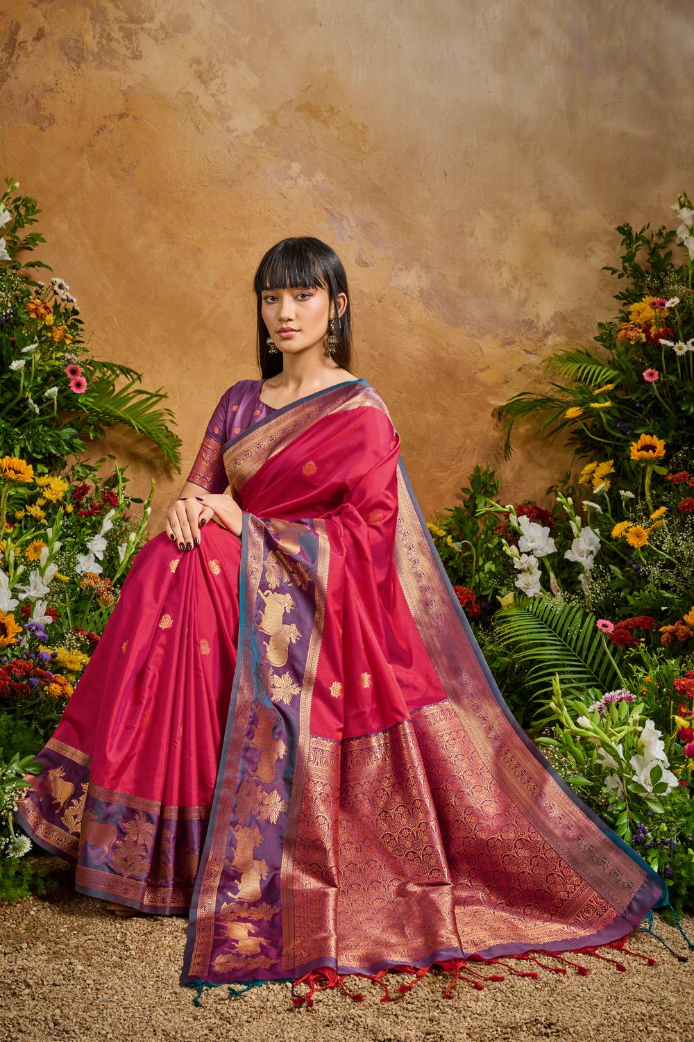 Reishi Red Silk Handloom Woven Ready to Wear Saree