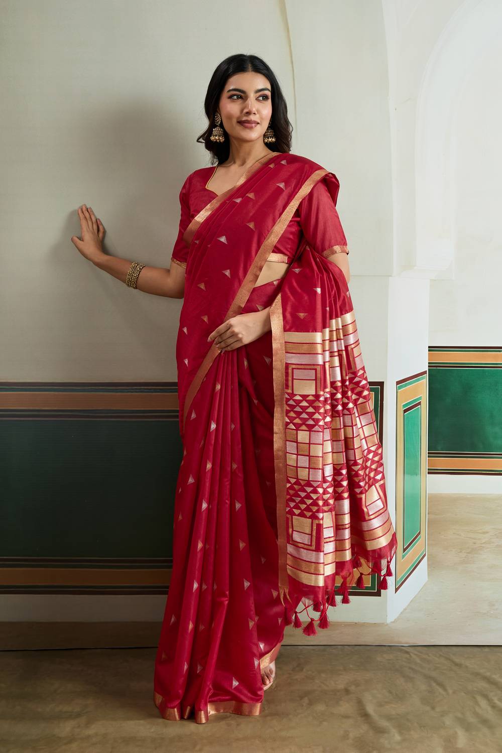Usha Red Tussar Silk Ikkat Handloom Weaving Ready to Wear Saree