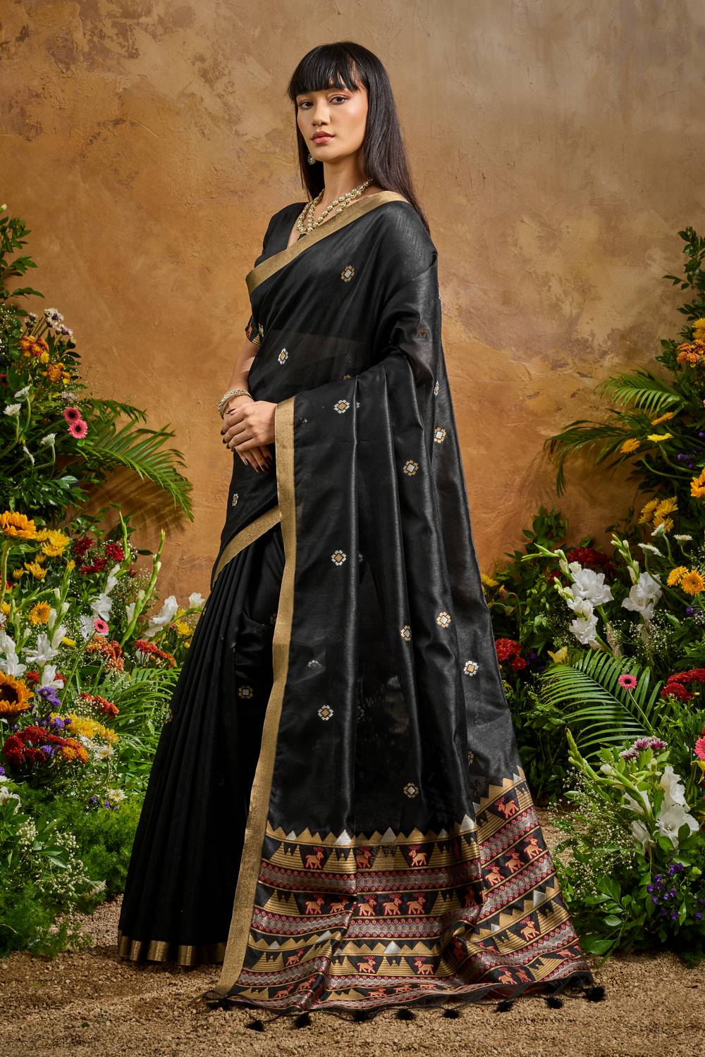 Nikka Black Tussar Silk Handloom Woven Tribal Border Ready to Wear Saree