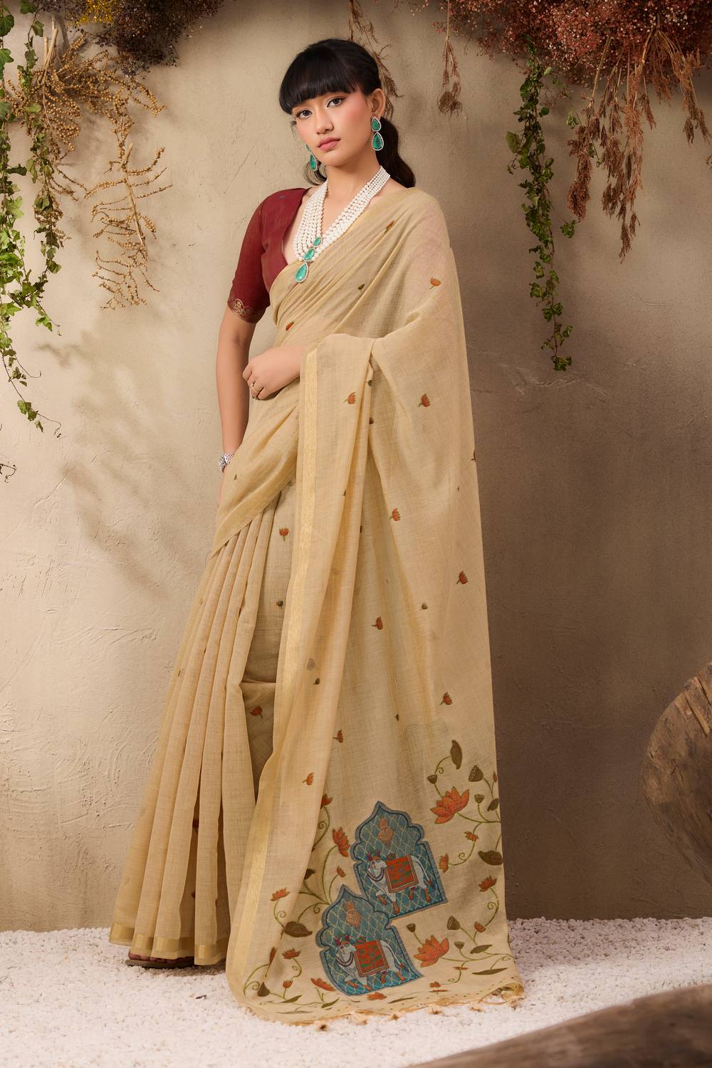 Sanja Beige Cotton Woven Ready to Wear Saree