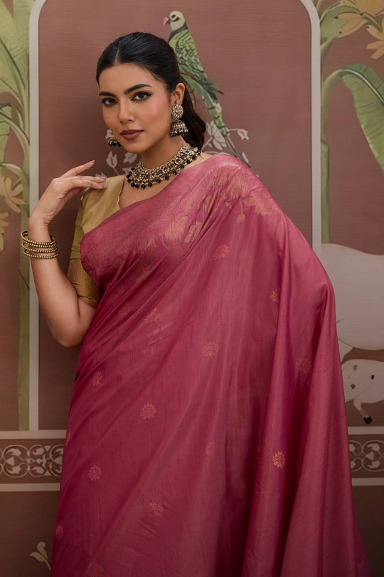 Reishi Mauve Pink Silk Handloom Woven With Zari Border Ready to Wear Saree