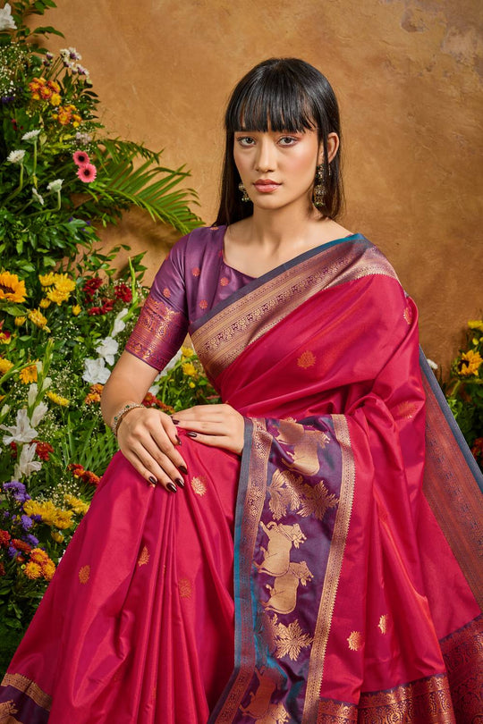 Reishi Red Silk Handloom Woven Ready to Wear Saree