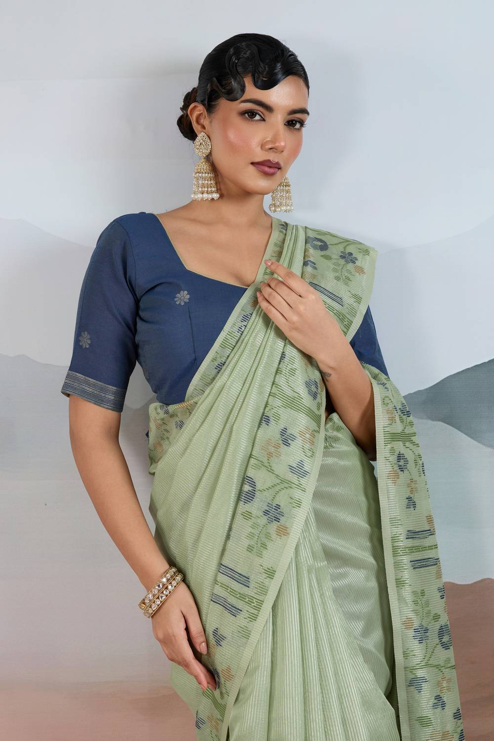Gaila Summer Green Handloom Zari Tissue Brasso Weaving Ready to Wear Saree