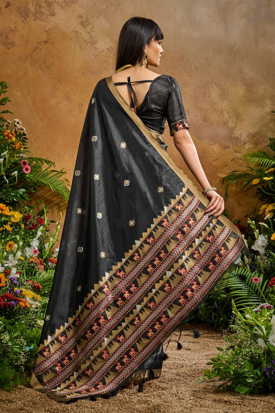 Nikka Black Tussar Silk Handloom Woven Tribal Border Ready to Wear Saree