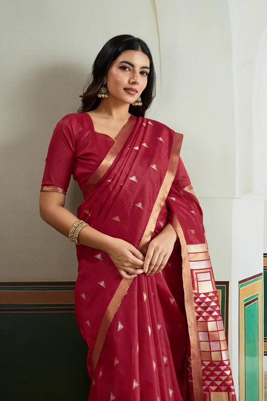 Usha Red Tussar Silk Ikkat Handloom Weaving Ready to Wear Saree