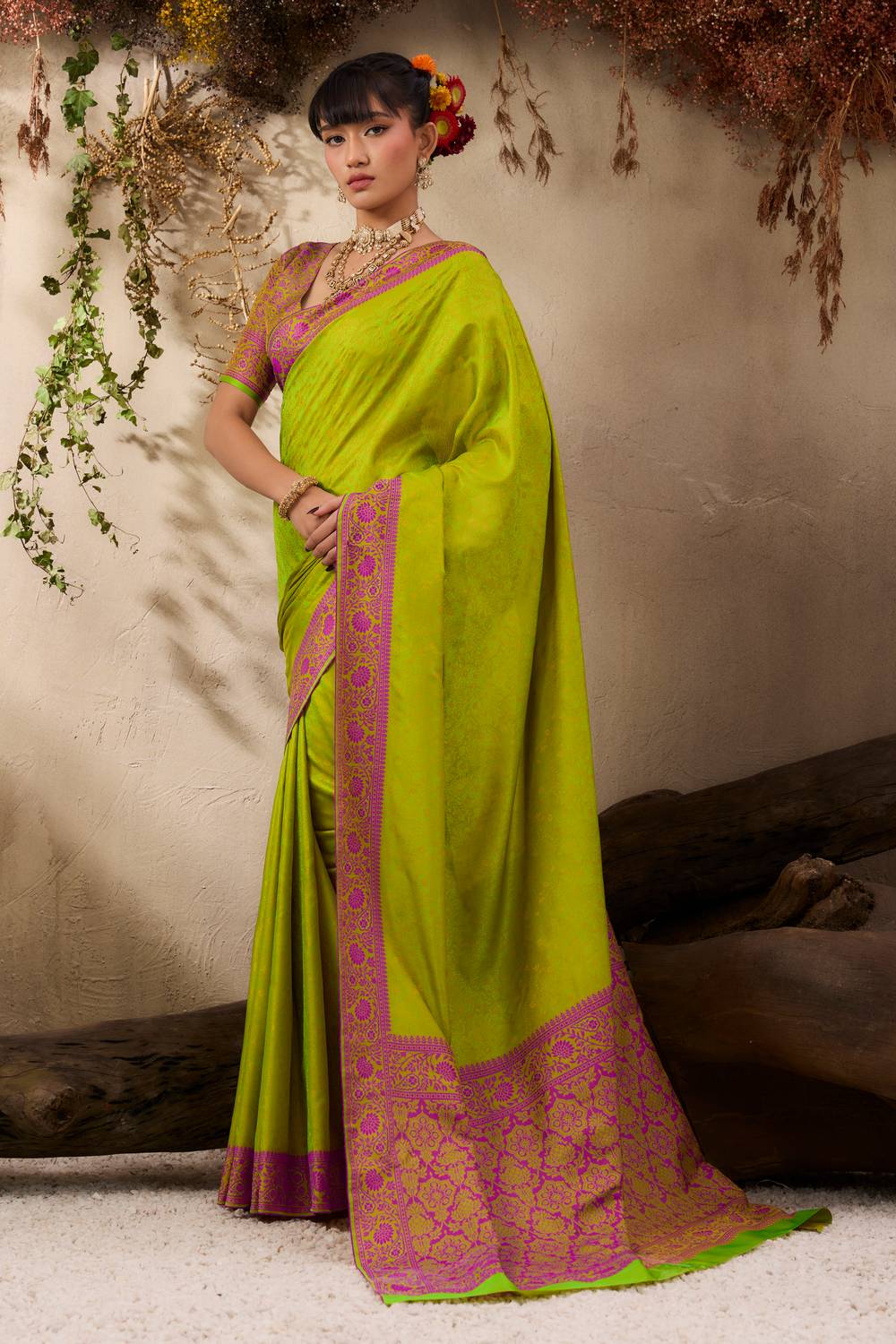 Jivana Lime Green Pure Kanjivaram Weaving Silk Ready to Wear Saree