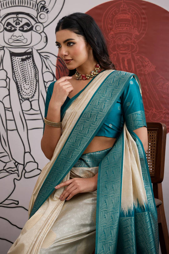 Mona Cream & Teal Blue Paper Silk Ready to Wear Saree