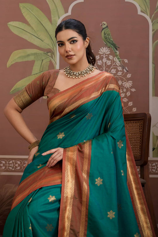Nima Bottle Green Tussar Silk Handloom Woven Ready to Wear Saree