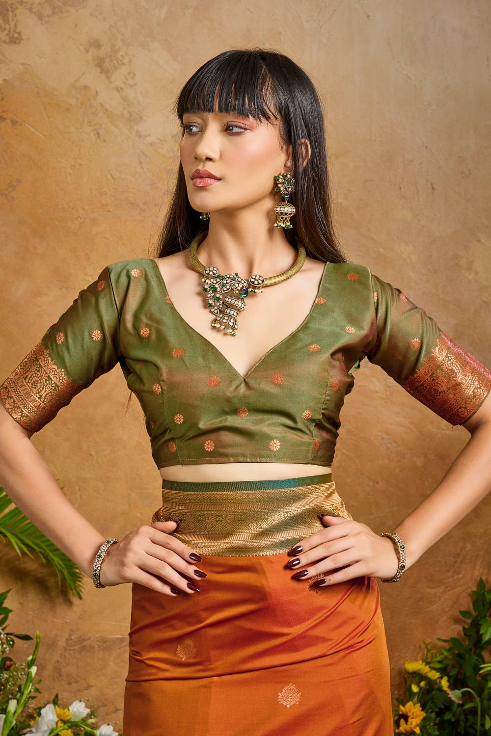 Reishi Burnt Orange Silk Handloom Woven Ready to Wear Saree