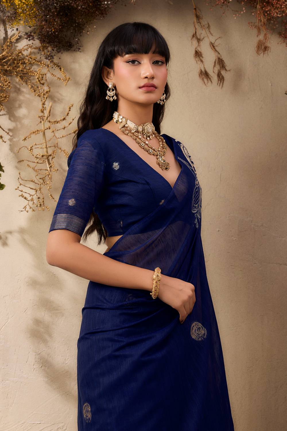 Samara Deep Blue Woven Soft Silk with Floral Motif Work Ready to Wear Saree