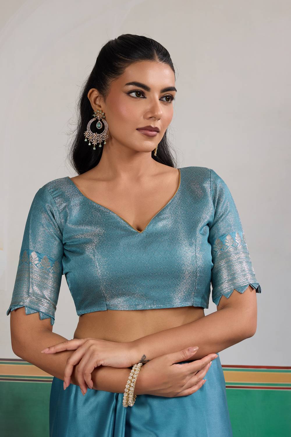 Casey Teal Blue Pure Satin Handloom Weaving Ready to Wear Saree