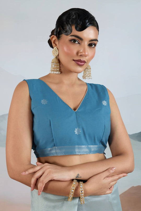 Gaila Powder Blue Handloom Zari Tissue Brasso Weaving Ready to Wear Saree