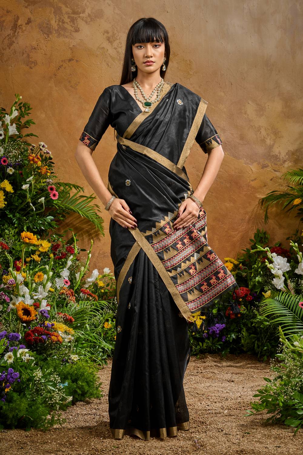Nikka Black Tussar Silk Handloom Woven Tribal Border Ready to Wear Saree