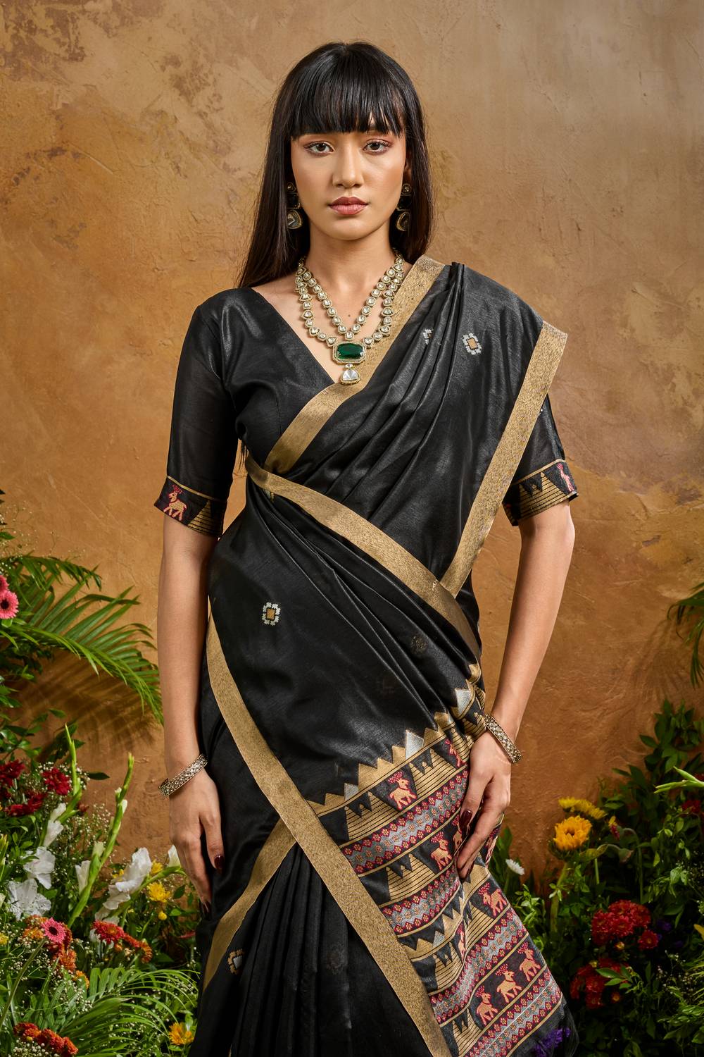 Nikka Black Tussar Silk Handloom Woven Tribal Border Ready to Wear Saree