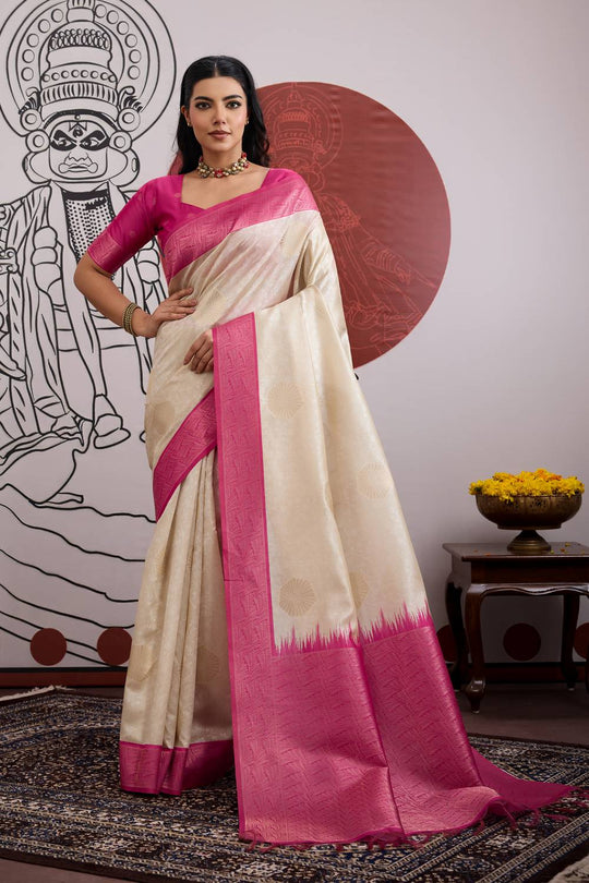 Mona Cream & Pink Paper Silk Ready to Wear Saree
