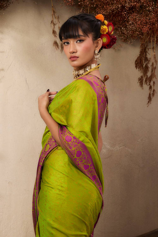 Jivana Lime Green Pure Kanjivaram Weaving Silk Ready to Wear Saree