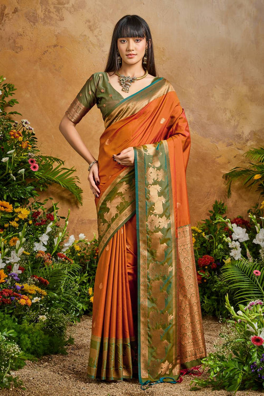 Reishi Burnt Orange Silk Handloom Woven Ready to Wear Saree