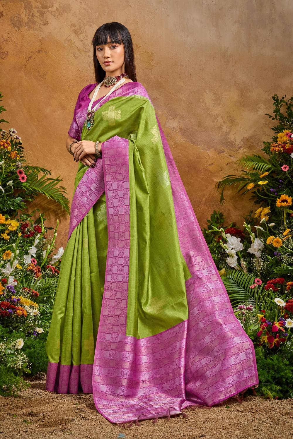 Flora Lime Green Paper Silk Handloom Woven Ready to Wear Saree