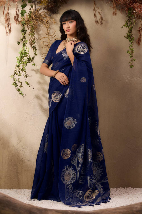 Samara Deep Blue Woven Soft Silk with Floral Motif Work Ready to Wear Saree