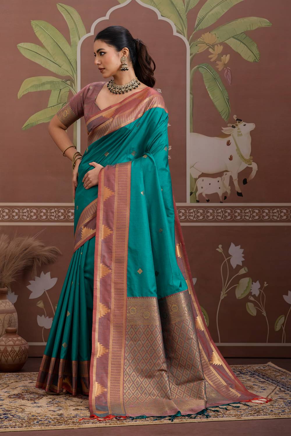 Tessa Teal Green Silk Woven With Zari Work Ready to Wear Saree