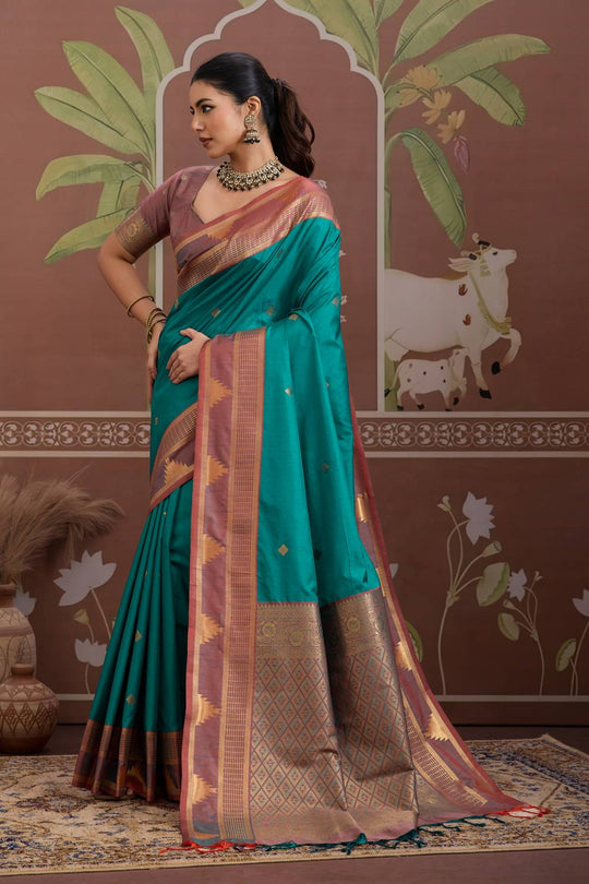Tessa Teal Green Silk Woven With Zari Work Ready to Wear Saree