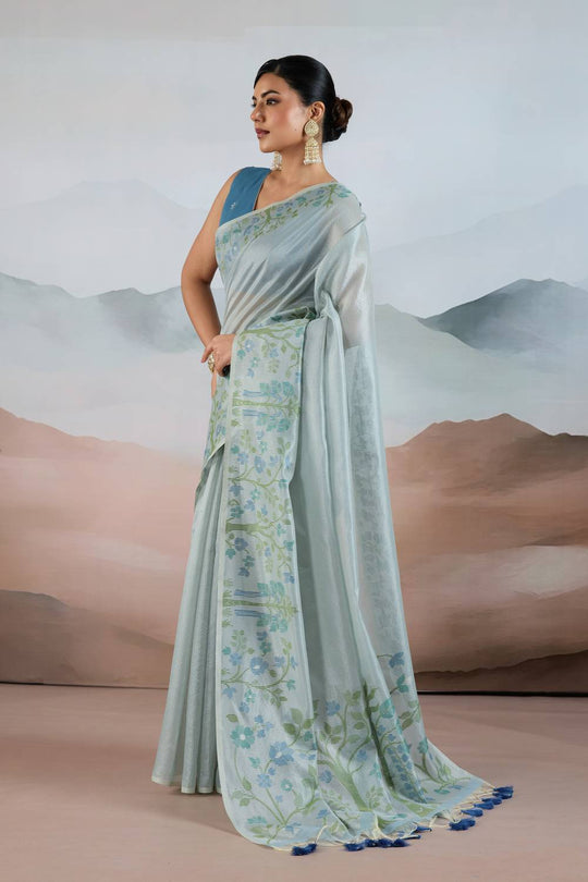 Gaila Powder Blue Handloom Zari Tissue Brasso Weaving Ready to Wear Saree