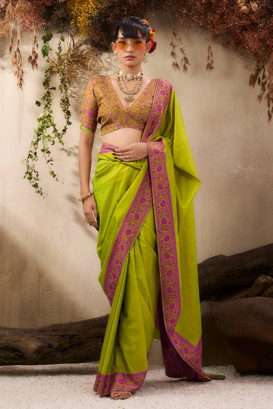 Jivana Lime Green Pure Kanjivaram Weaving Silk Ready to Wear Saree