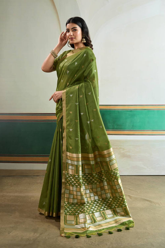 Usha Olive Green Tussar Silk Ikkat Handloom Weaving Ready to Wear Saree
