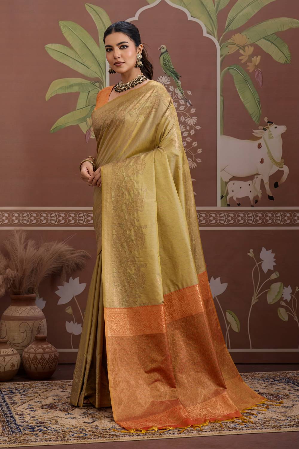 Reishi Khadi Beige Silk Handloom Woven With Zari Border Ready to Wear Saree