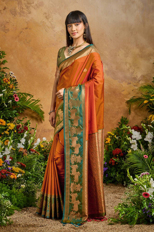 Reishi Burnt Orange Silk Handloom Woven Ready to Wear Saree