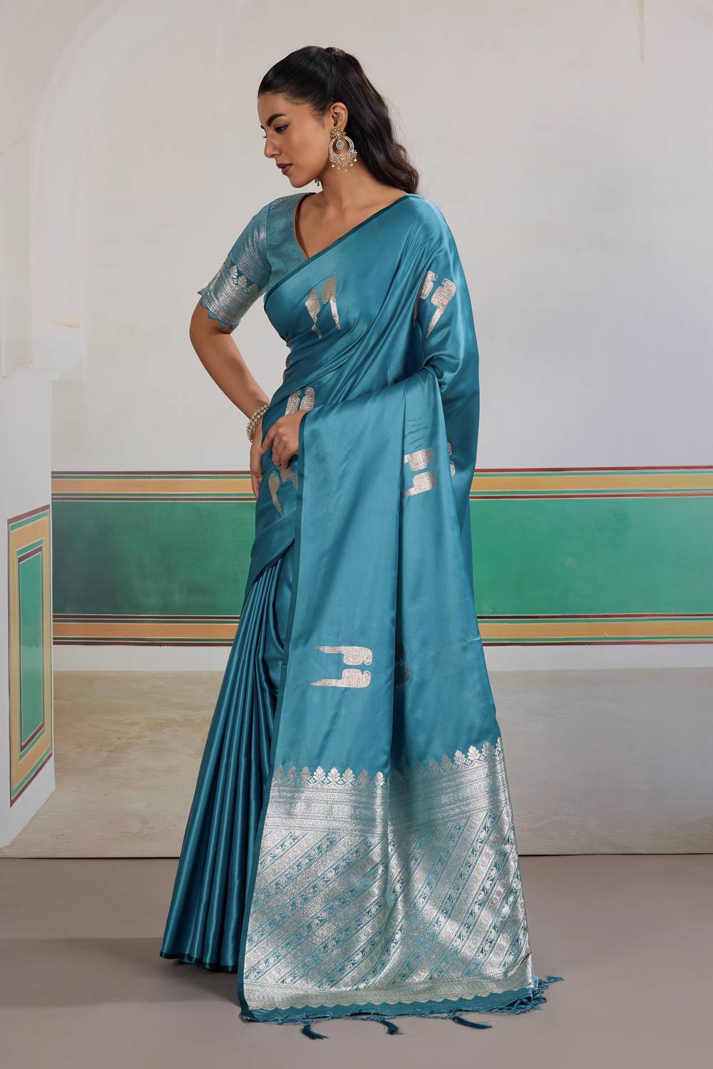 Casey Teal Blue Pure Satin Handloom Weaving Ready to Wear Saree