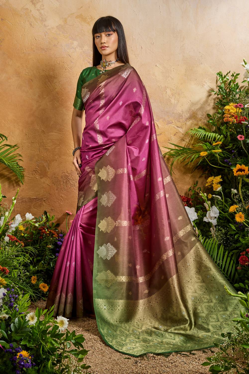 Suri Raspberry Pink Handloom Woven Paper Silk With Zari Work Ready to Wear One Minute Saree