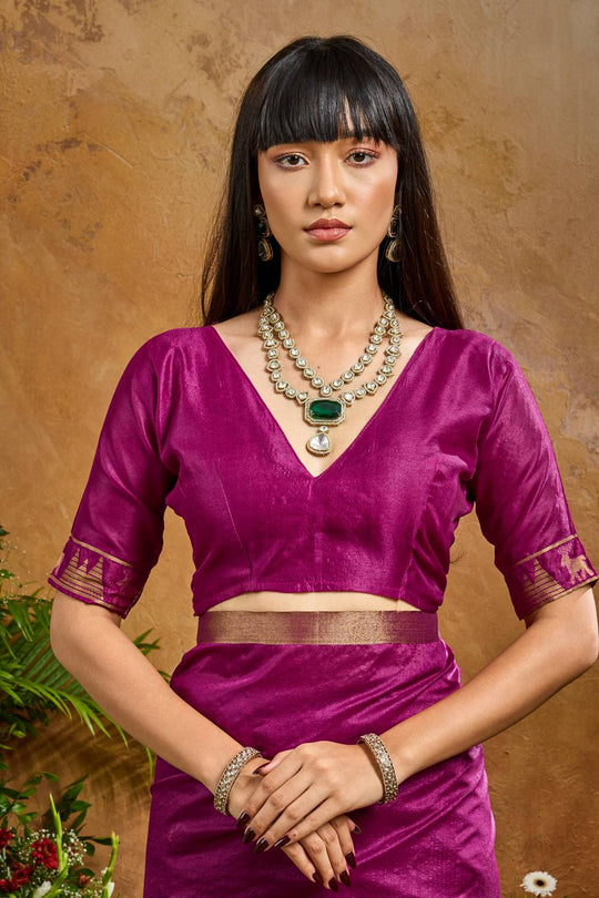 Nikka Magenta Tussar Silk Handloom Woven Tribal Border Ready to Wear Saree